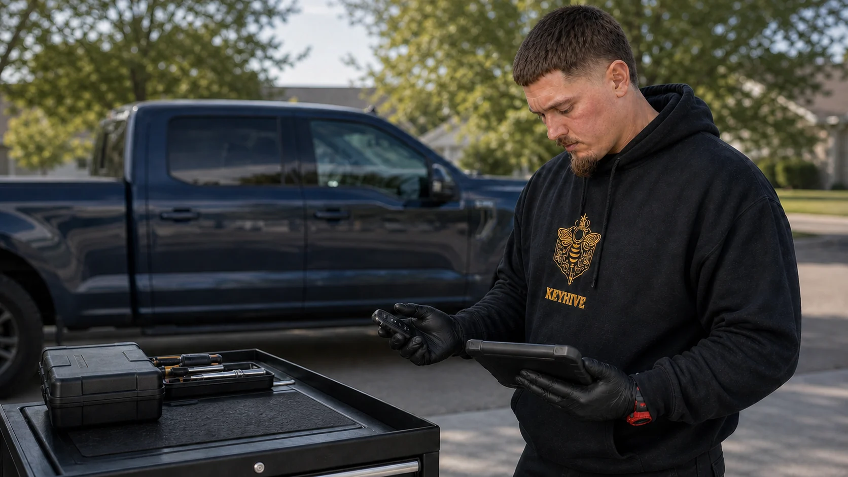 KeyHive mobile locksmith holding a Ford key fob beside a diagnostic tablet and pickup truck