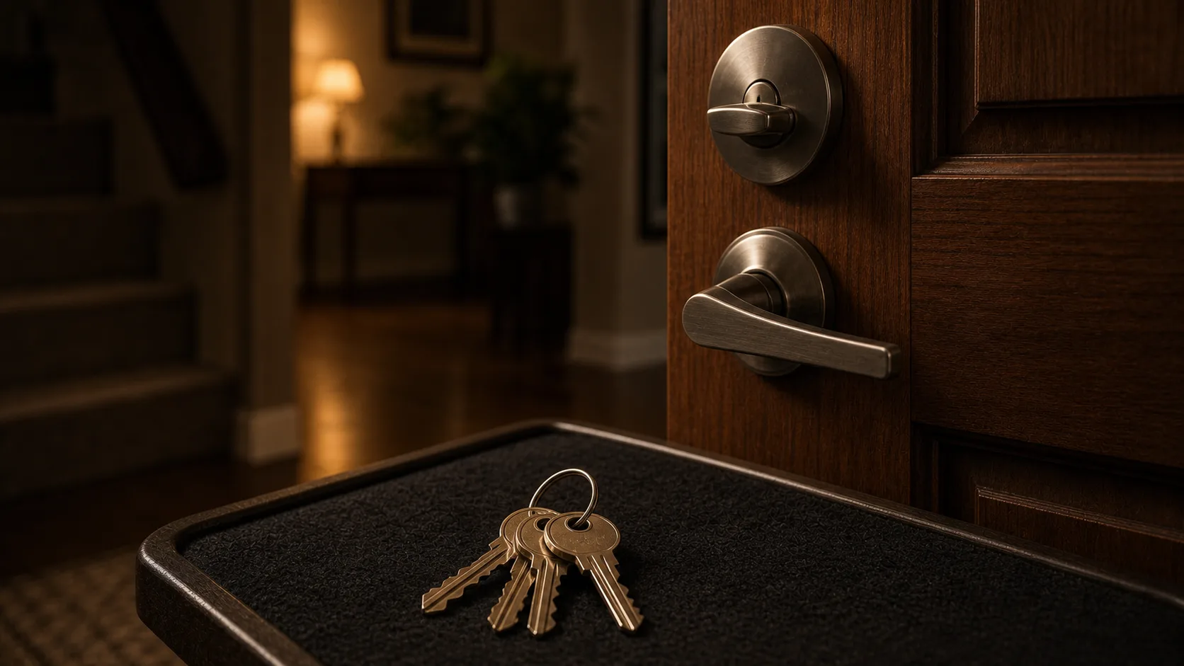Residential deadbolt cylinder and new house keys on a flat surface