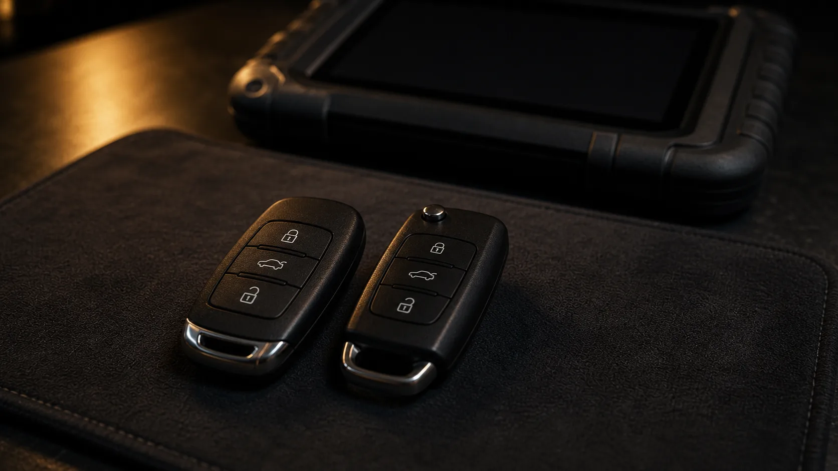 Vehicle key fob beside an automotive diagnostic tablet