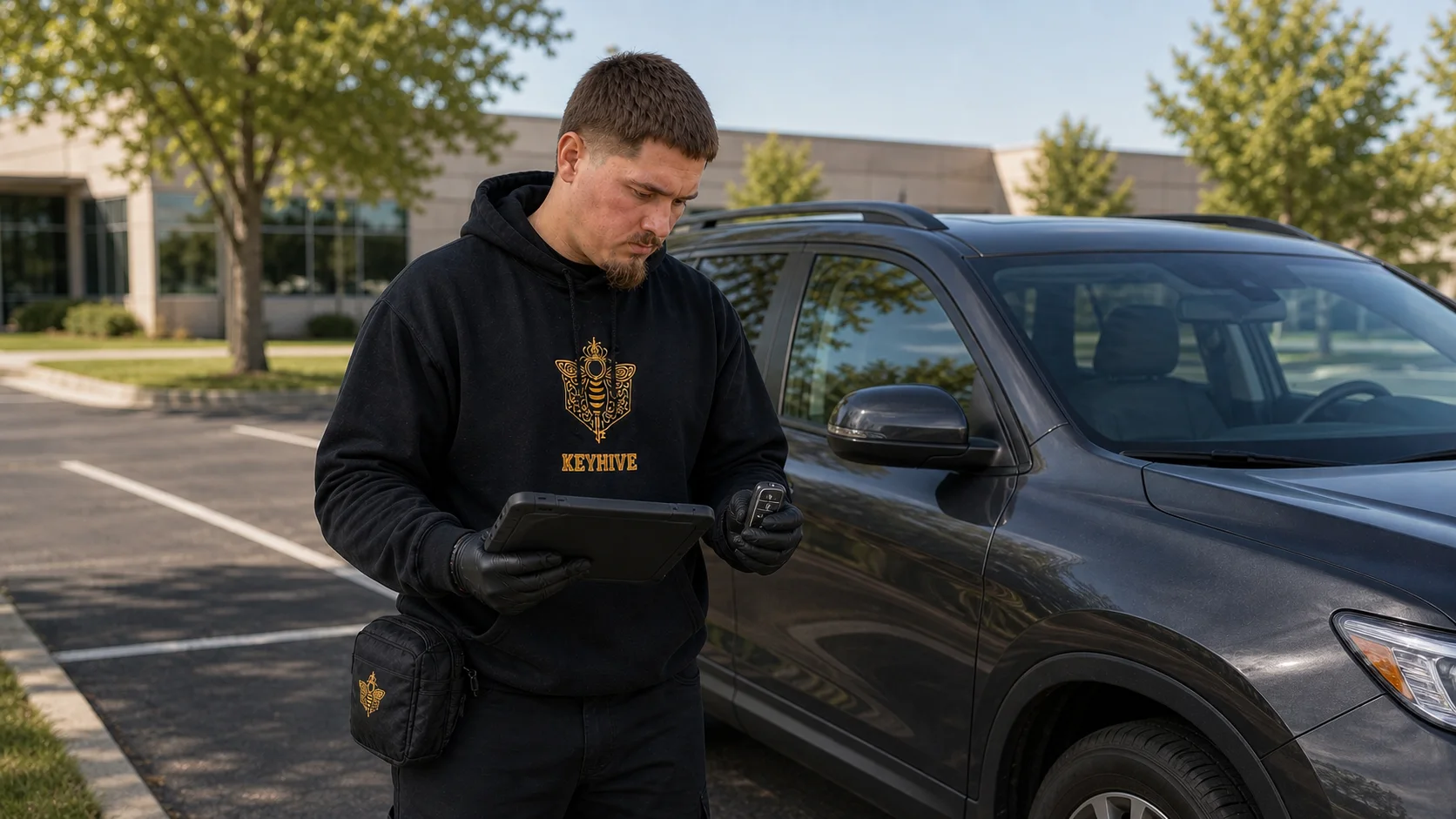 KeyHive automotive locksmith comparing a key fob with a diagnostic tablet beside a parked SUV