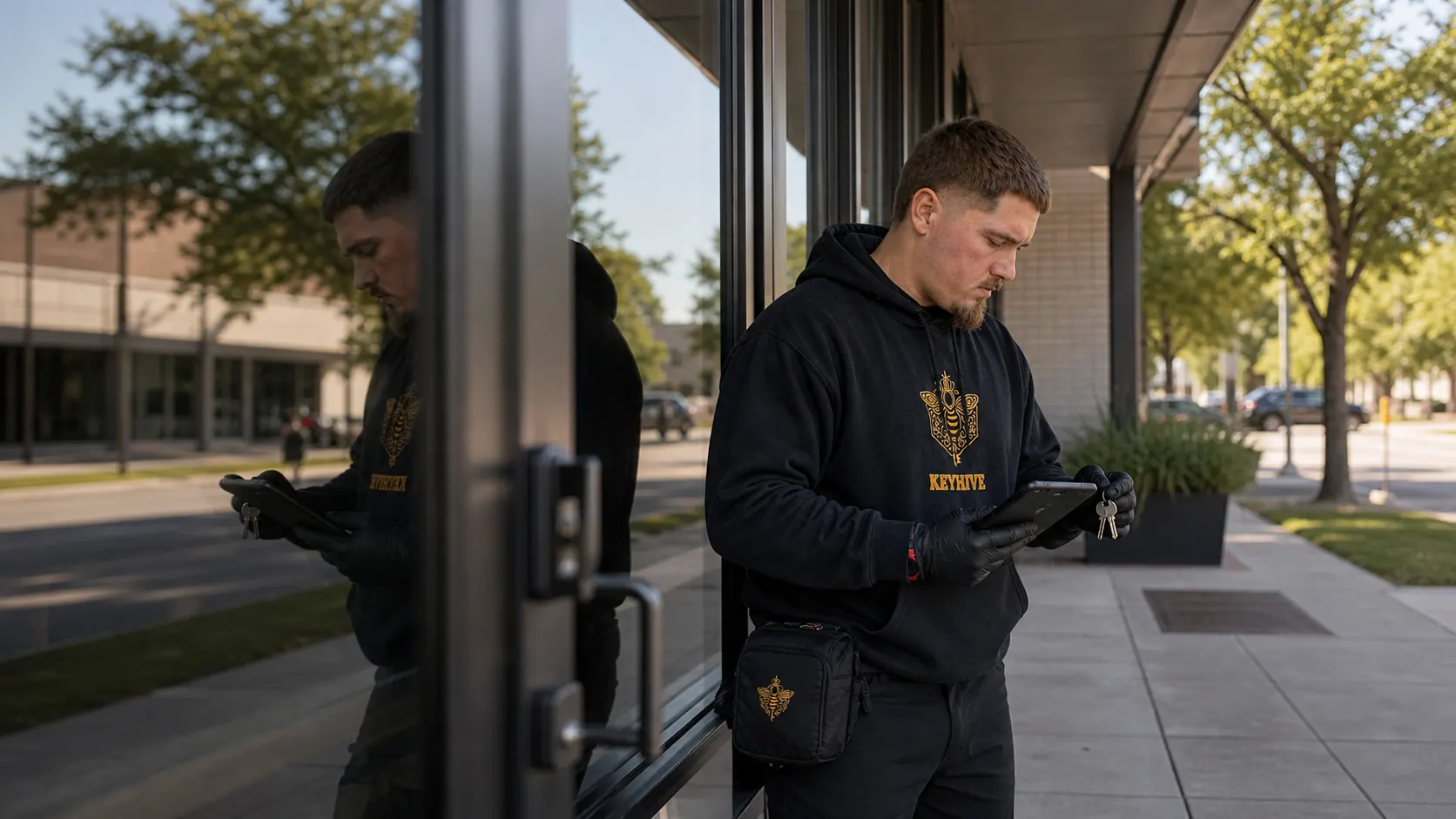 KeyHive locksmith outside a commercial storefront for business lock service