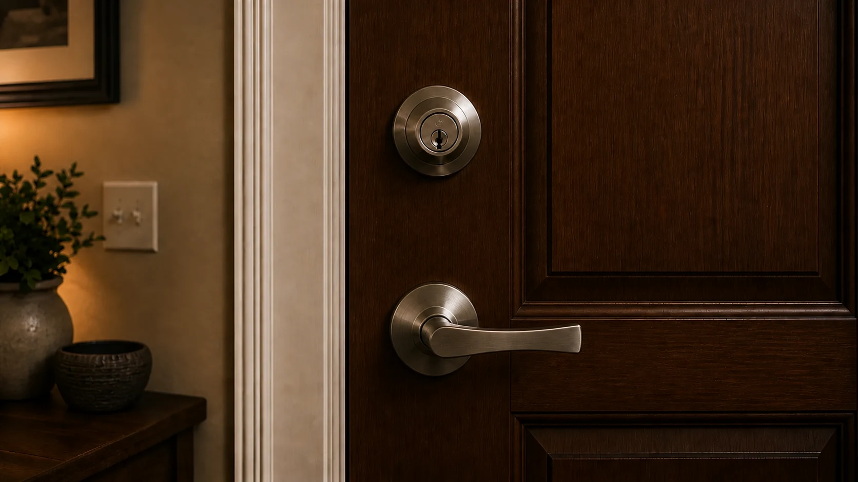 Dark wood residential door with a brushed nickel deadbolt and lever handle