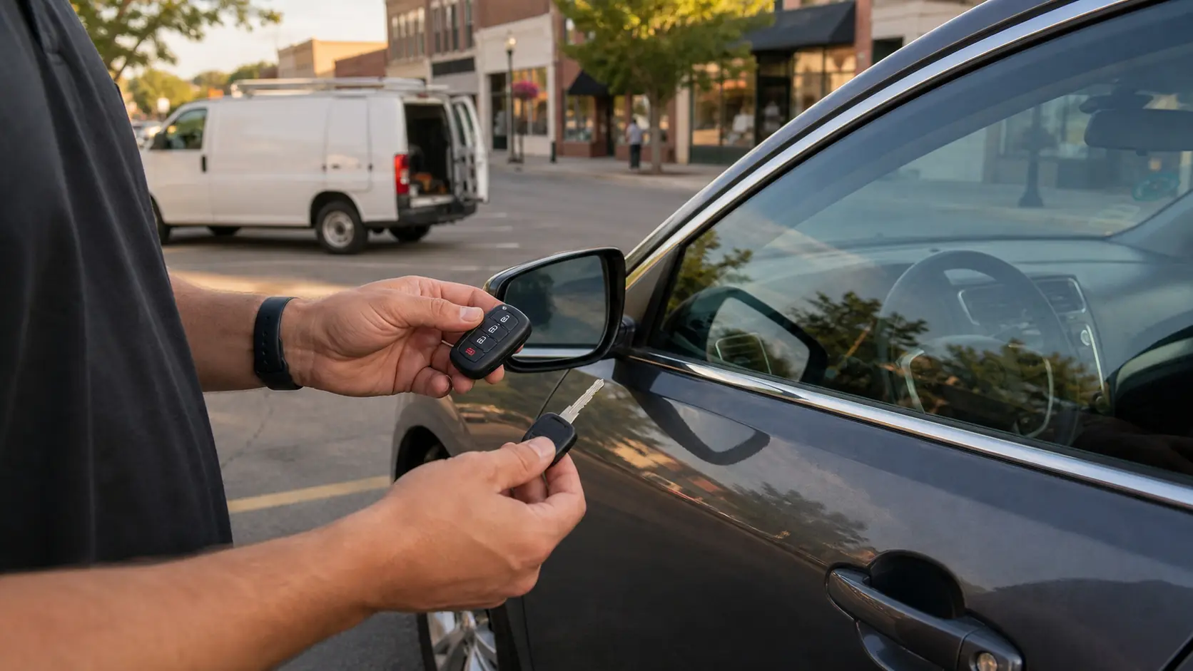Key fob held beside a parked vehicle with the driver door closed