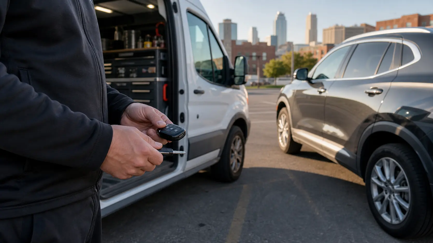 KeyHive mobile locksmith holding a car key fob beside a parked vehicle