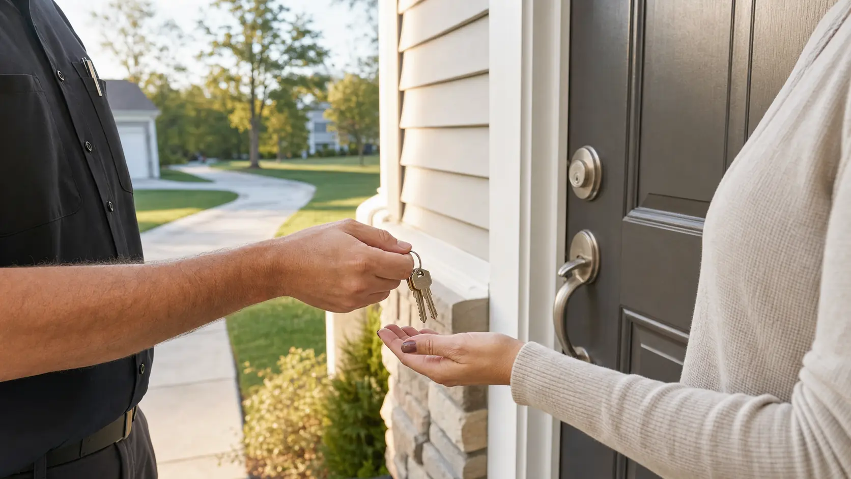 Locksmith handing house keys to a resident beside a front door with a deadbolt and handleset