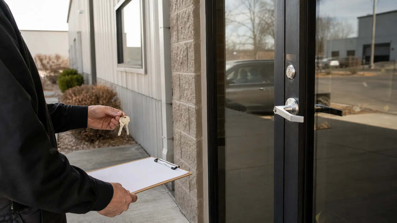 Person holding keys beside a glass business door with a keyed lever lock