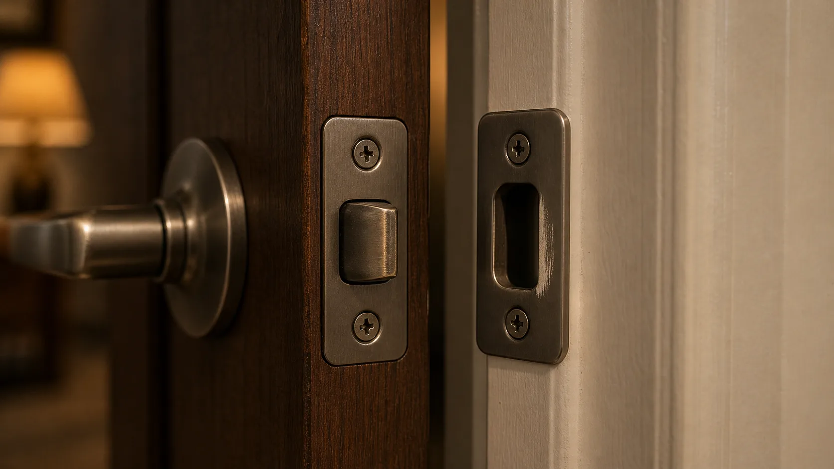 Locksmith inspecting a residential deadbolt and strike at an open door