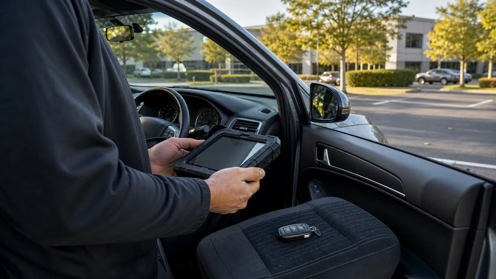Mobile locksmith using a diagnostic tablet for Johnson County key fob service
