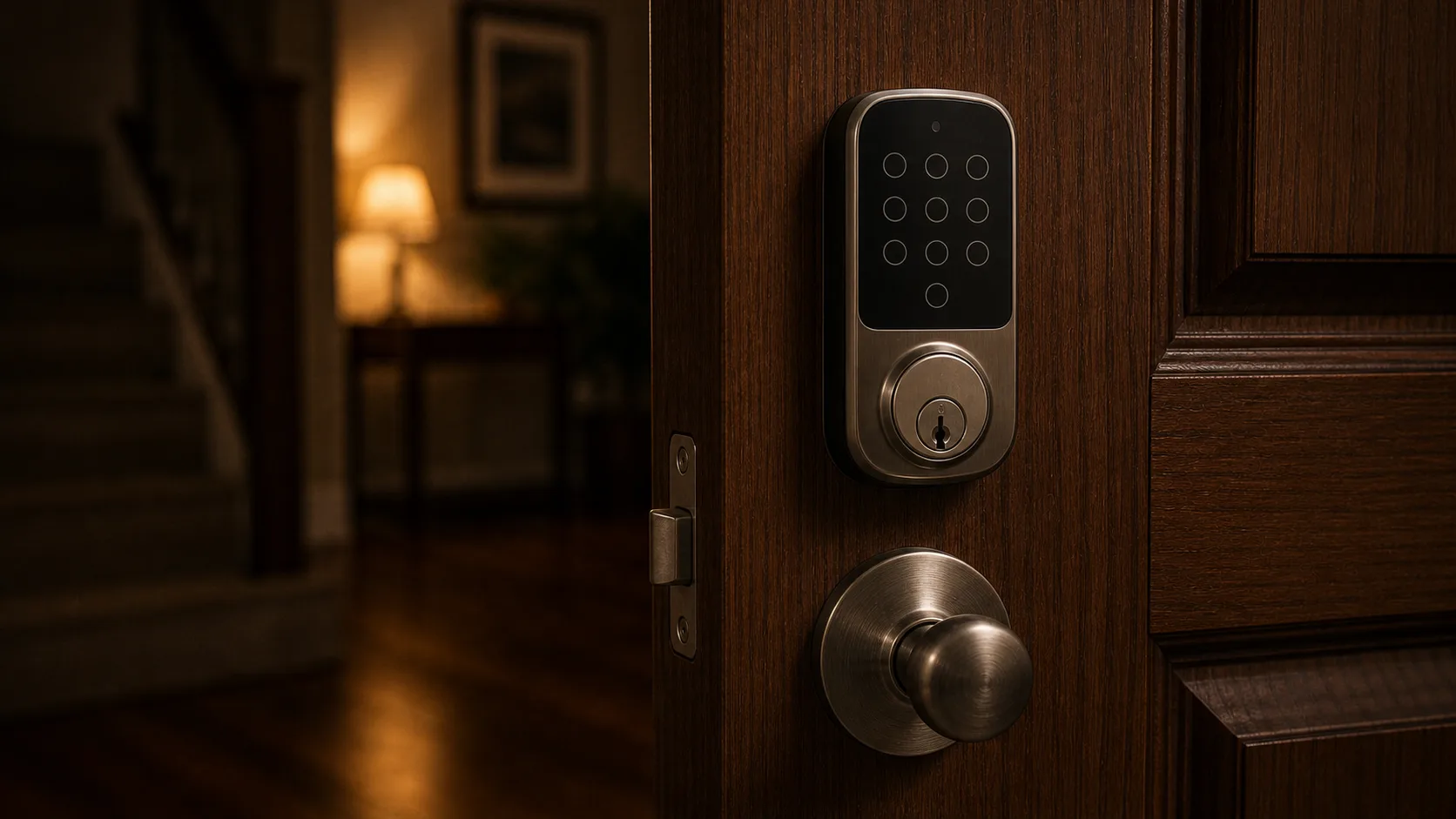 Keypad deadbolt installed above a residential door handle